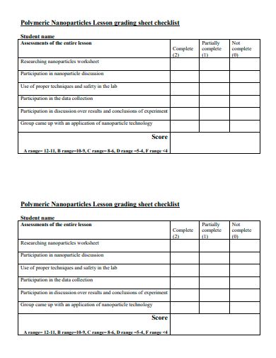lesson grading sheet checklist template