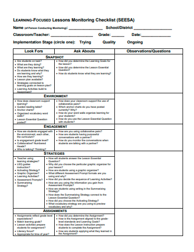 lesson monitoring checklist template