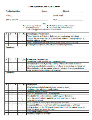 lesson observation form template