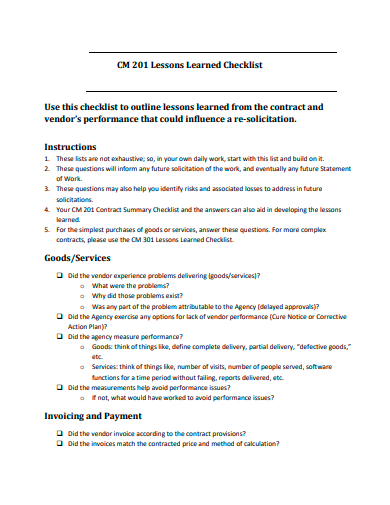 lessons learned checklist template