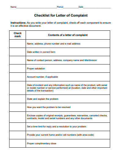 letter of complaint checklist template