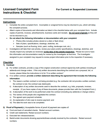 licensed complaint form and checklist template