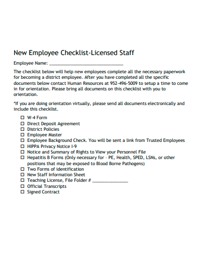 licensed staff checklist template