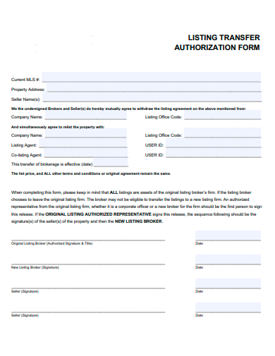 listing transfer authorization form template