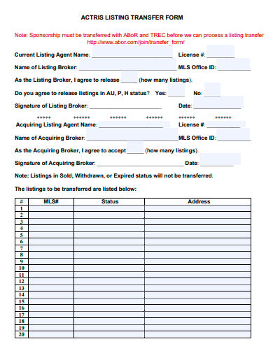 listing transfer form template