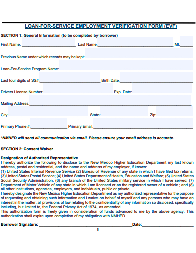 loan for service employment verification form template