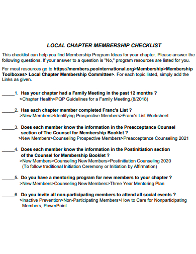 local chapter membership checklist template