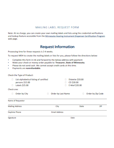 mailing label request form