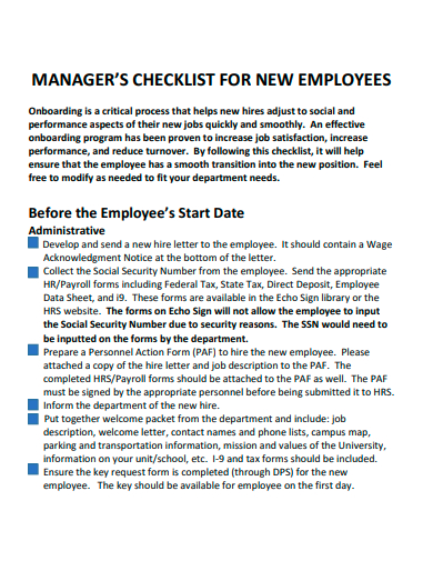 manager checklist for new employees template