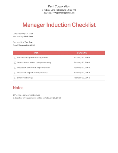 manager induction checklist template