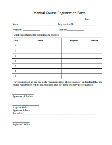 manual course registration form template