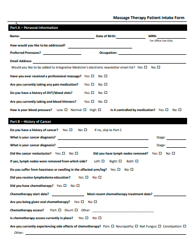 massage therapy patient intake form template