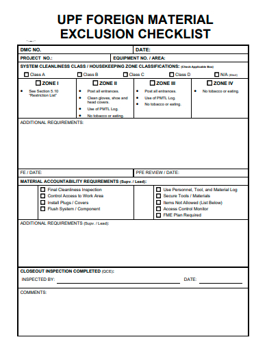 material exclusion checklist template