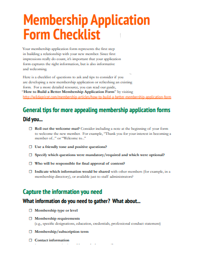 membership application form checklist template