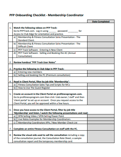 membership coordinator onboarding checklist template