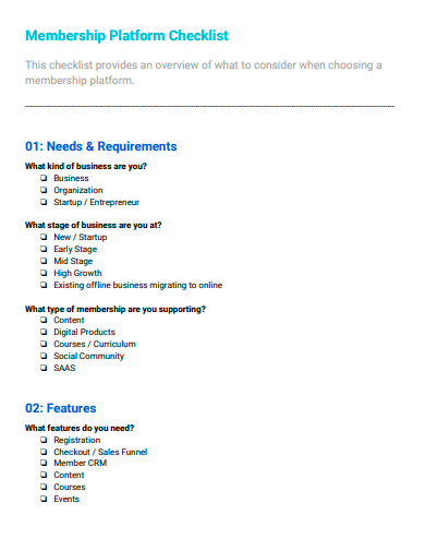 membership platform checklist template