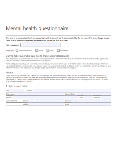 mental health questionnaire form