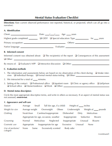 mental status evaluation checklist template