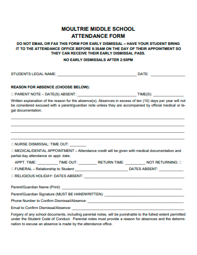 middle school attendance form template