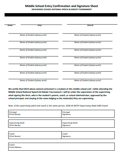 middle school entry confirmation and signature sheet template