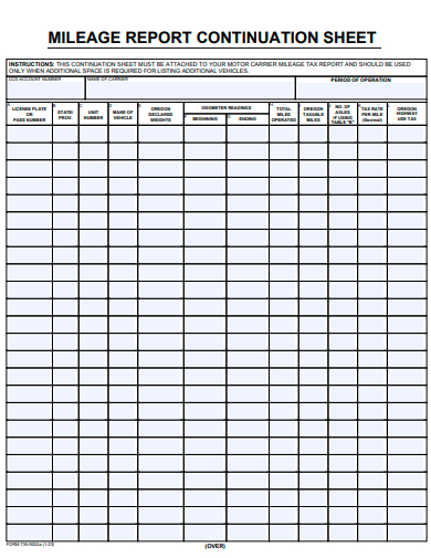 mileage report continuation sheet template