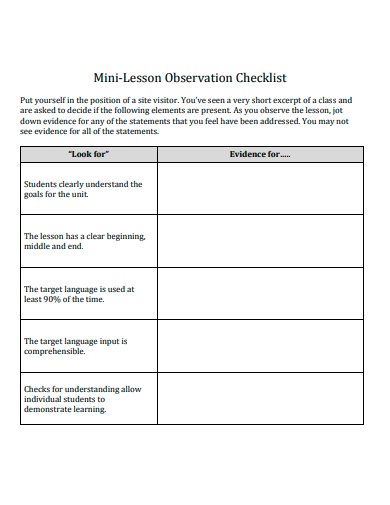 mini lesson observation checklist template