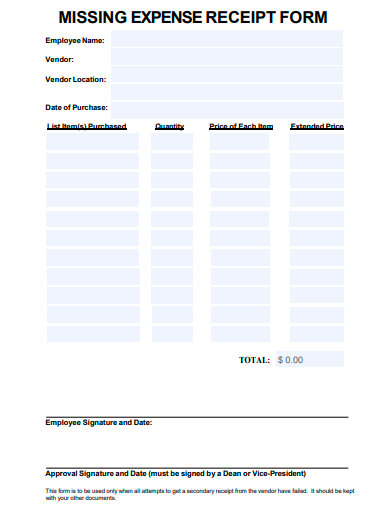 missing expense receipt form template