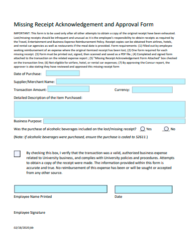 missing receipt acknowledgement and approval form template
