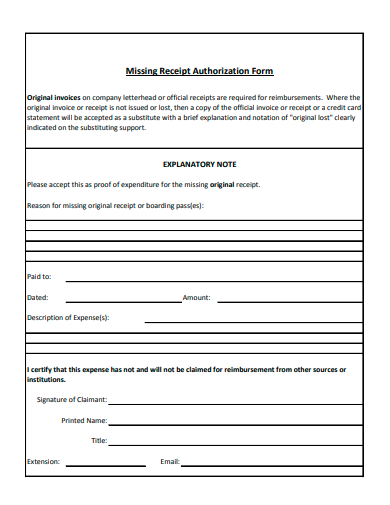 missing receipt authorization form template