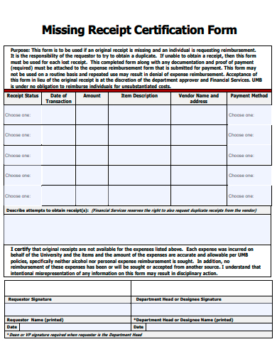 missing receipt certification form template