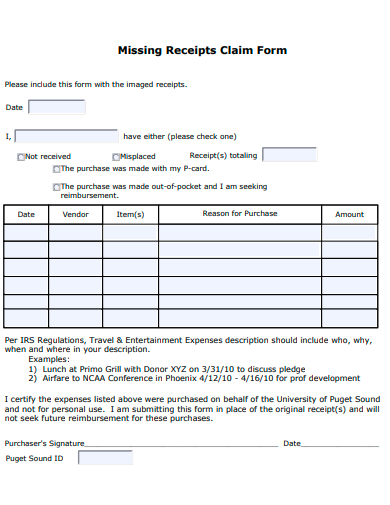 missing receipt claim form template