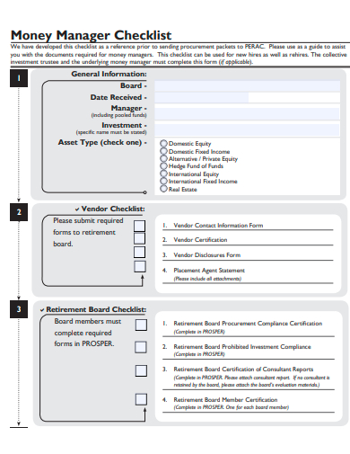 money manager checklist template