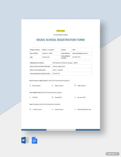 music school registration form template