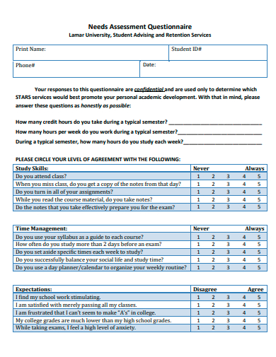 needs assessment questionnaire template