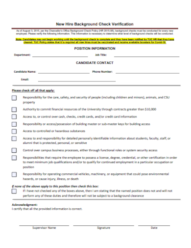 new hire background check verification form
