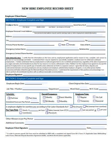 new hire employee record sheet template