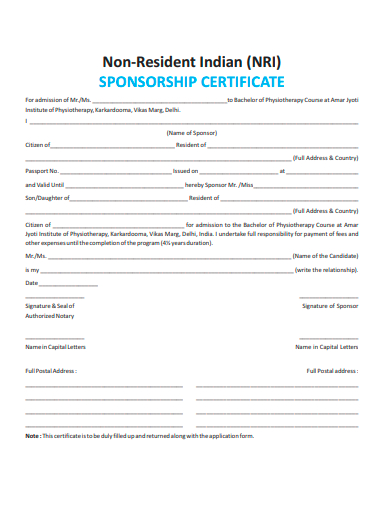 non resident sponsorship certificate template