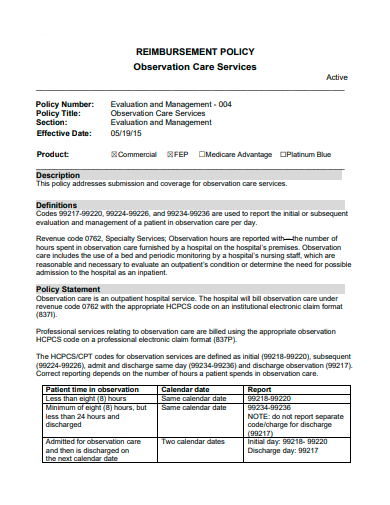 observation care services reimbursement policy template