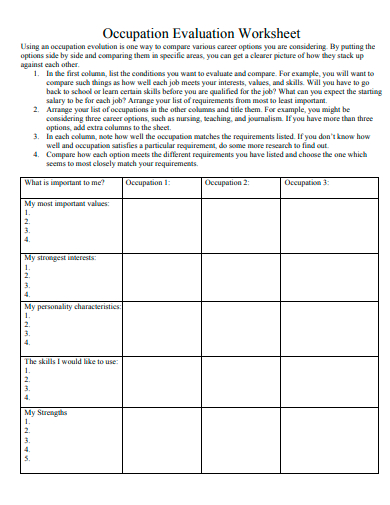 occupation evaluation worksheet template