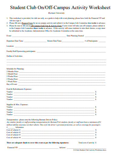 off campus activity worksheet template