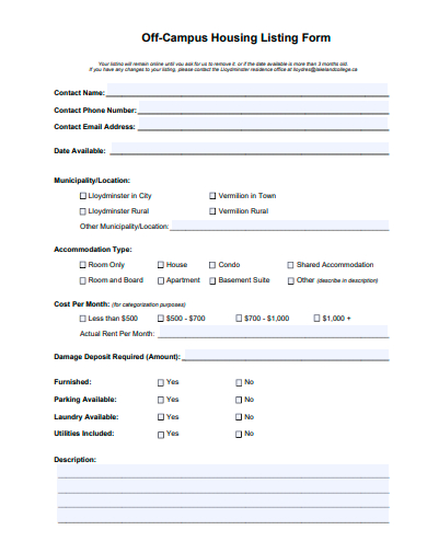 off campus housing listing form template