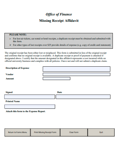 office of finance missing receipt form template
