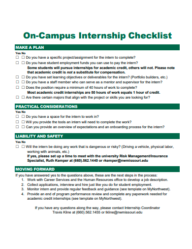 on campus internship checklist template