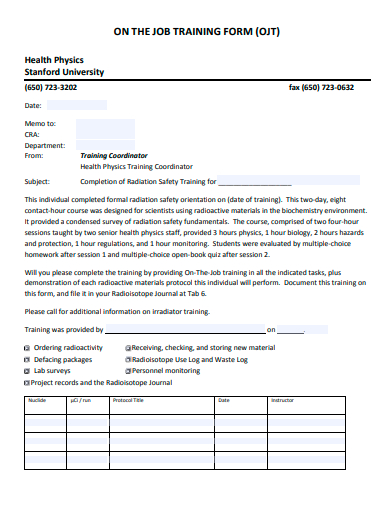 on the job training form template