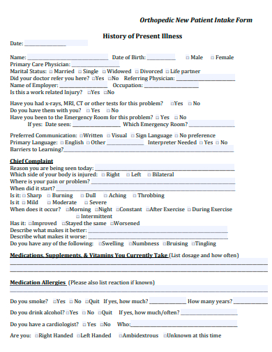 orthopedic new patient intake form template