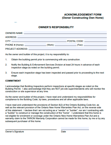owners responsibility acknowledgement form template