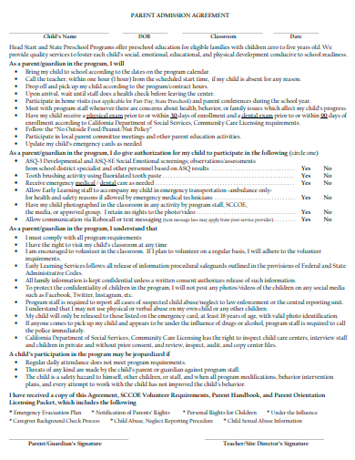 parent admission agreement template