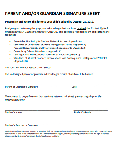 parent signature sheet template