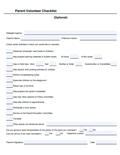 parent volunteer checklist template