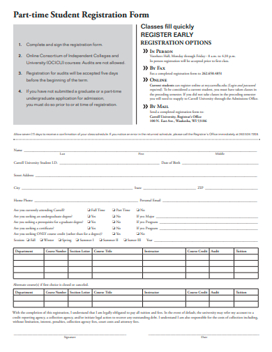 part time student registration form template